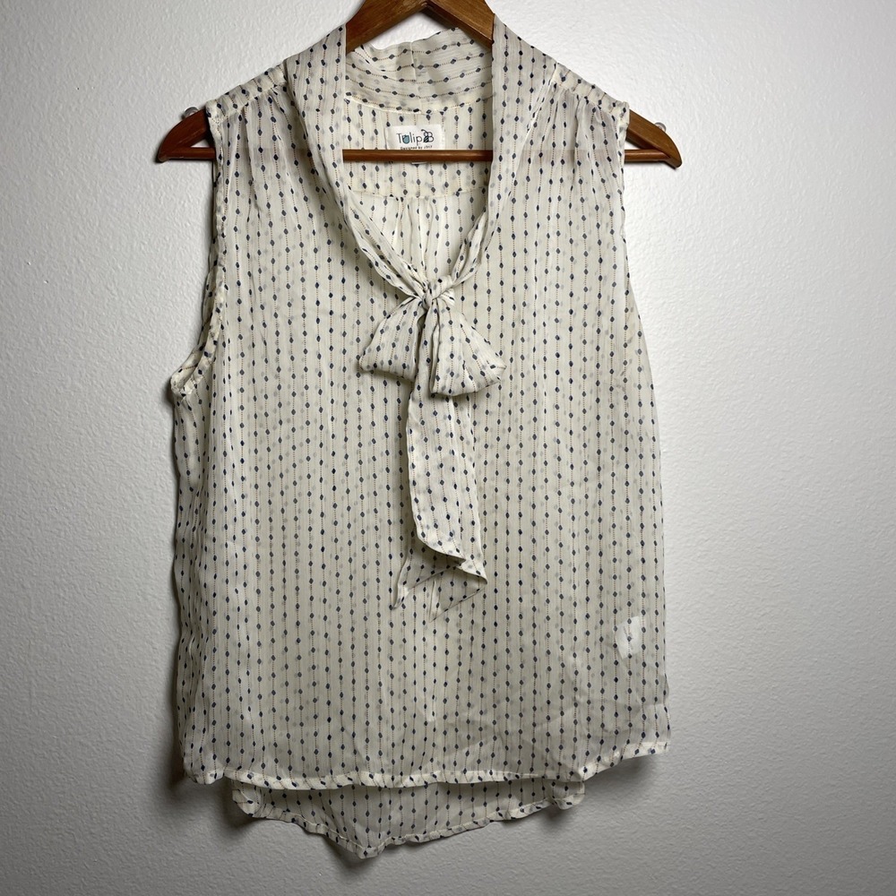 Tulip B Women XL White Sleeveless Blouse Tie Neck Geometric Career Sheer